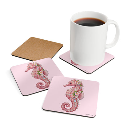 June Girl Pink Seahorse Cork Coaster Set — (4-Pack)